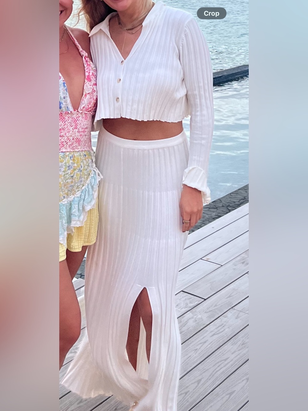Dissh White Ribbed Collared Cropped Shirt and Maxi Skirt with Front Slit Set